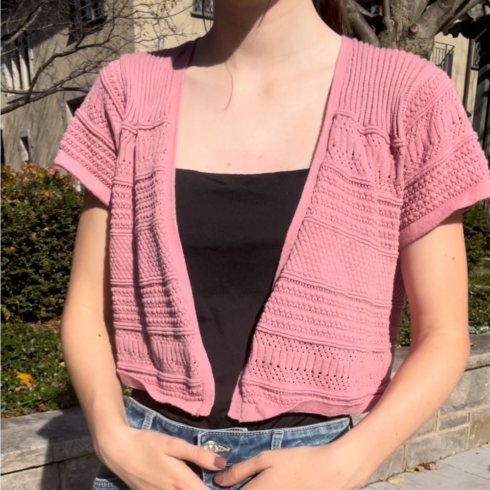 cropped pink cardigan